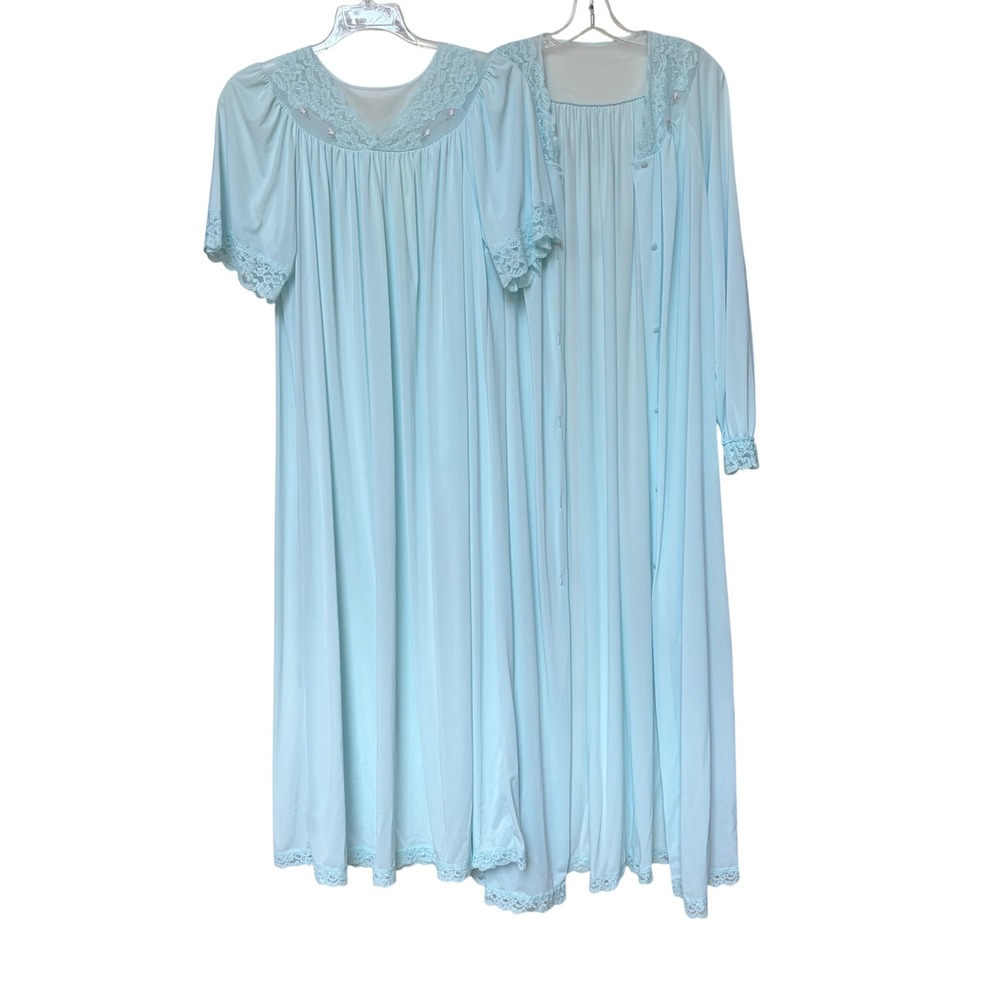 Vintage Shadowline Light Blue Nylon Nightgown and Robe Set Lace Trim Large USA